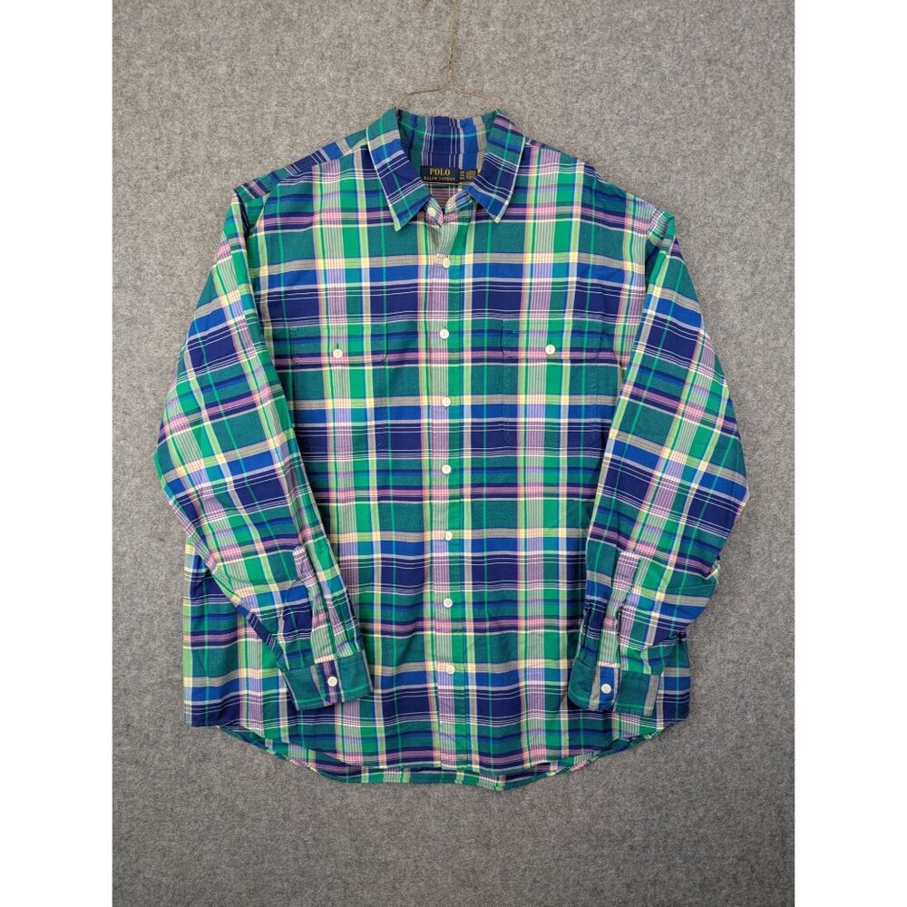 Polo Ralph Lauren Plaid Shirt Mens 2XL Blue Green Long Sleeve Dress Casual Butto